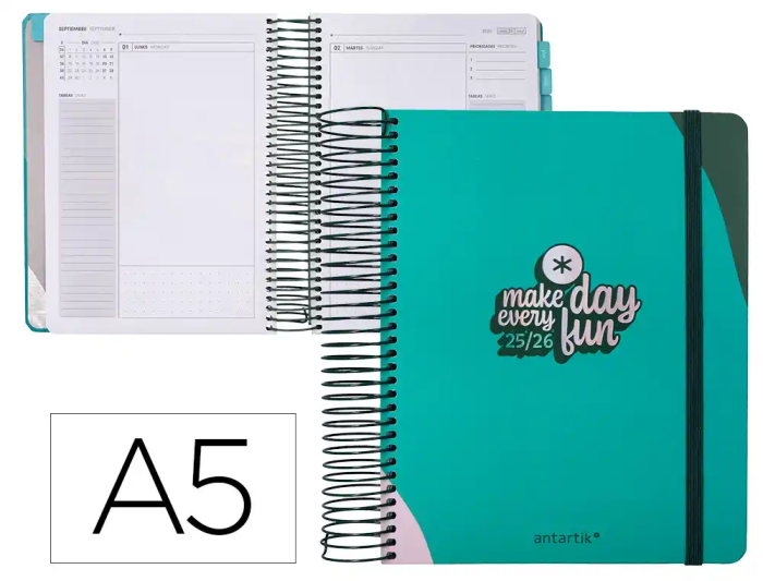 Agenda escolar antartik 25-26 espiral fun day turquesa dia pagina a5 bilingüe papel fsc 80 gr