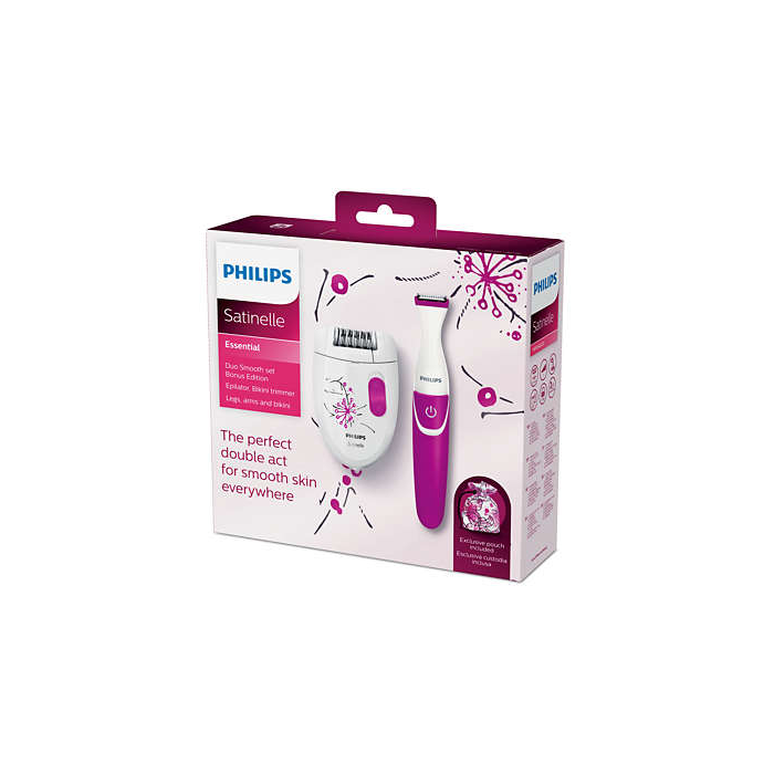 Depiladora PHILIPS HP6548/01 SATINELLE ESSENTIAL - Set con depiladora, perfilador y bolsa para guardar.